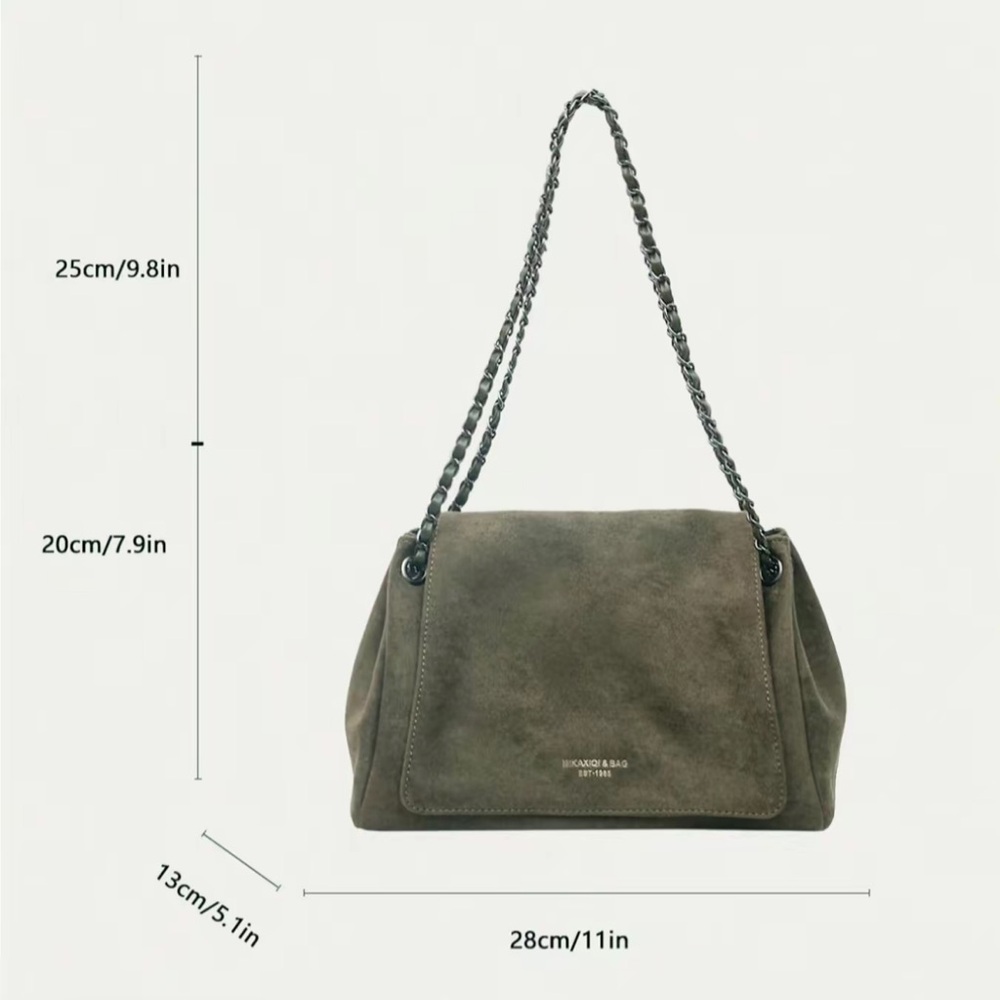 Olive Suede Chain Shoulder Bag - Picture 2 of 5